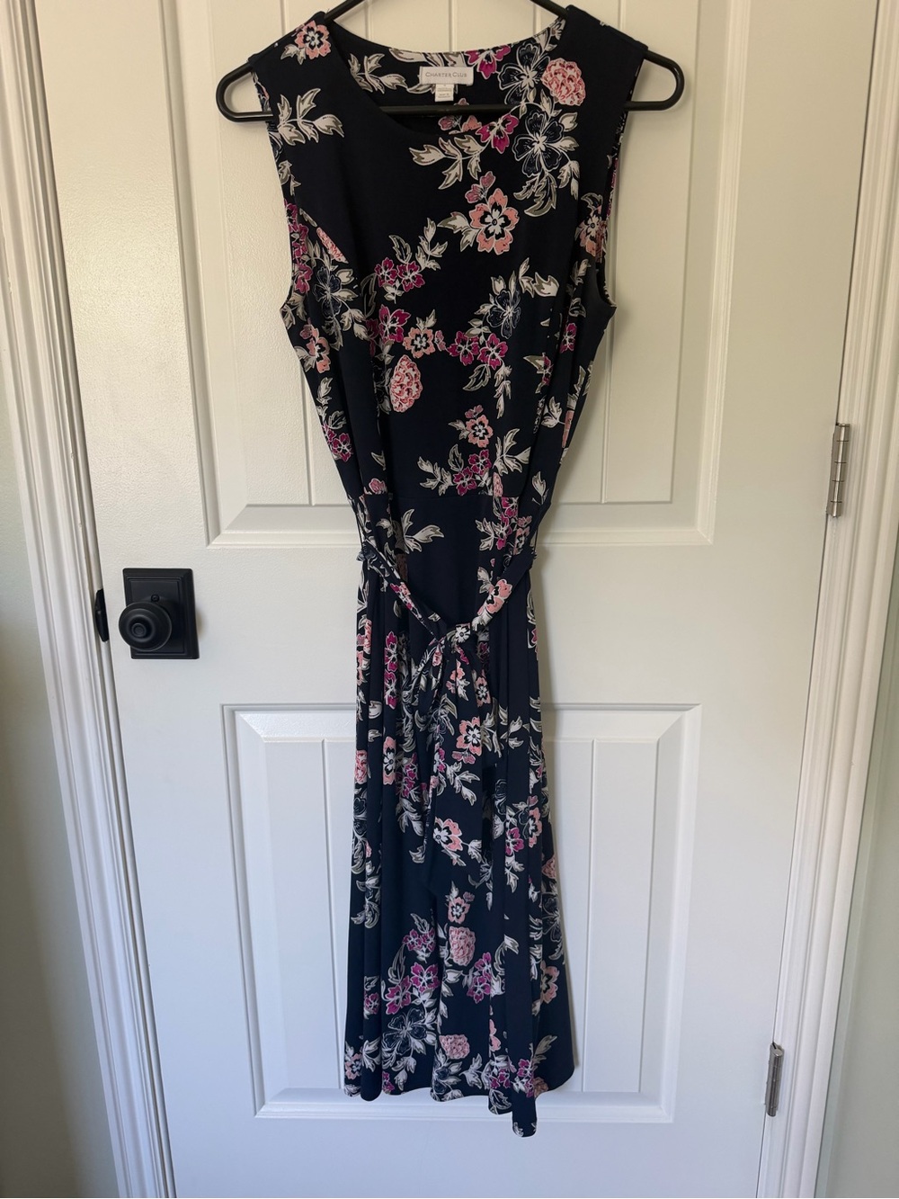 Sleeveless Navy Blue Floral Midi Dress with Tie Waist Small